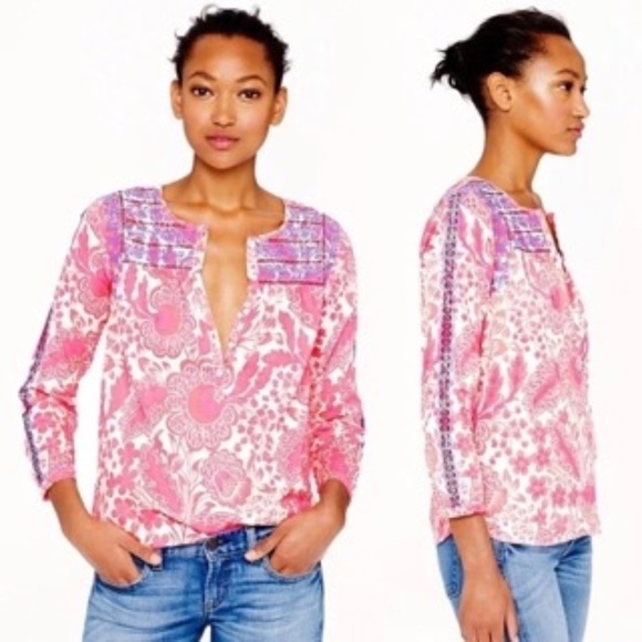 J. Crew Tops - J. Crew Top Women's S Floral Popover Embroidered Placket Pink/Blue Barbiecore